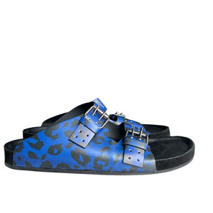 The Kooples Blue Leopard Leather Slides Gently Worn Buckle Accent Size EU42